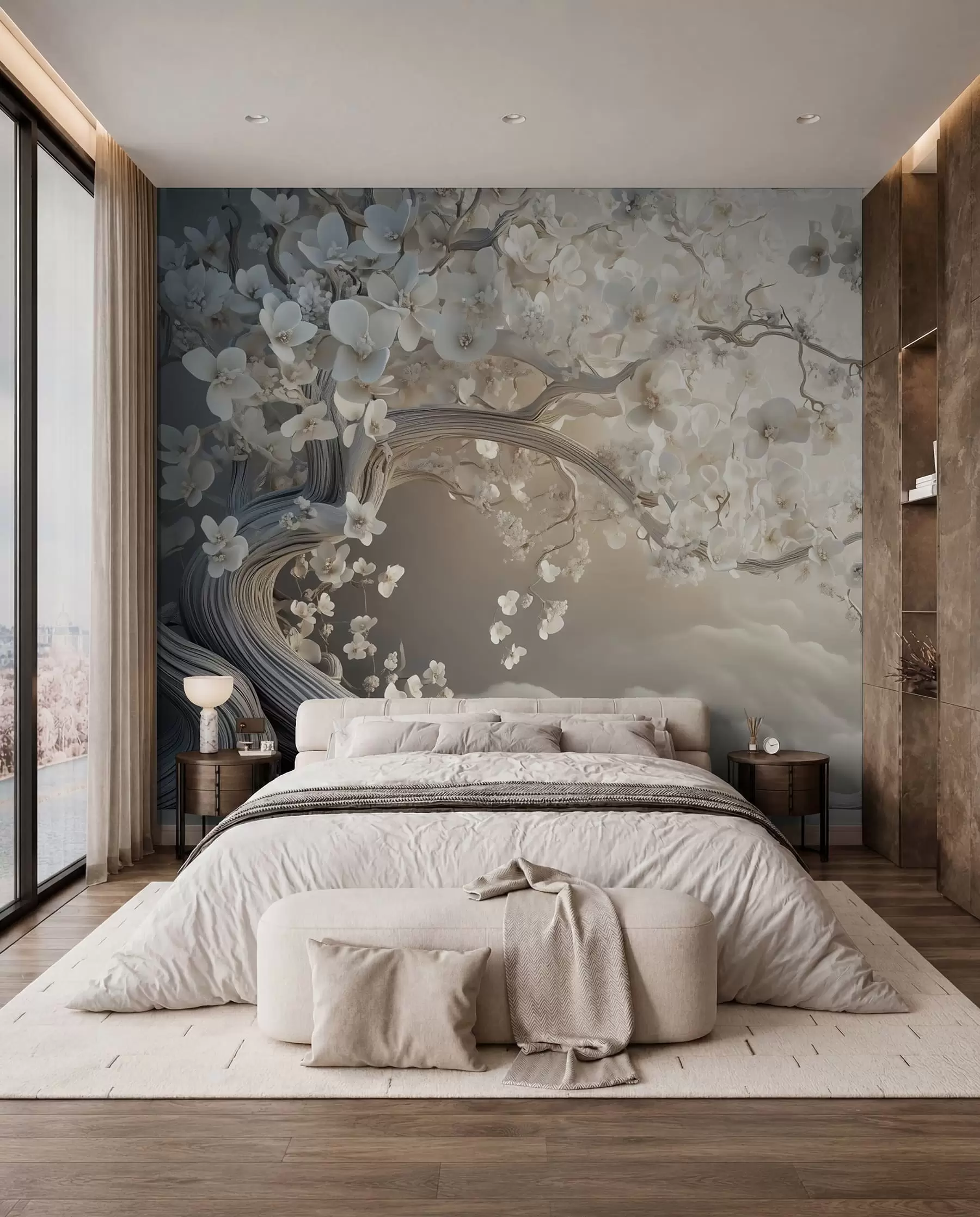 murais de parede Uma árvore encantadora com flores brancas contra o fundo de nuvens num estilo interessante em delicadas cores quentes w02133