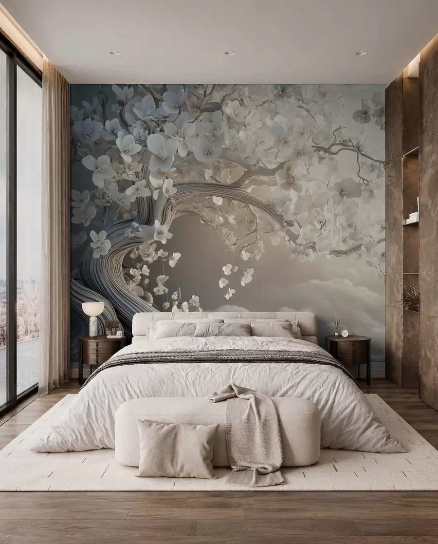 murais de parede Uma árvore encantadora com flores brancas contra o fundo de nuvens num estilo interessante em delicadas cores quentes w02133