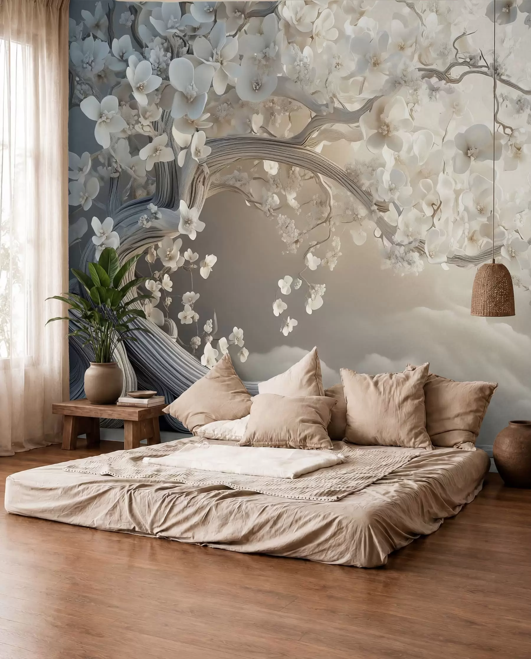 murais de parede Uma árvore encantadora com flores brancas contra o fundo de nuvens num estilo interessante em delicadas cores quentes w02133