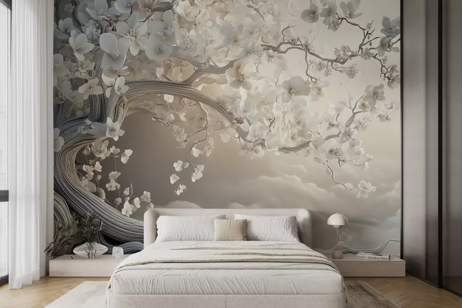 murais de parede Uma árvore encantadora com flores brancas contra o fundo de nuvens num estilo interessante em delicadas cores quentes w02133