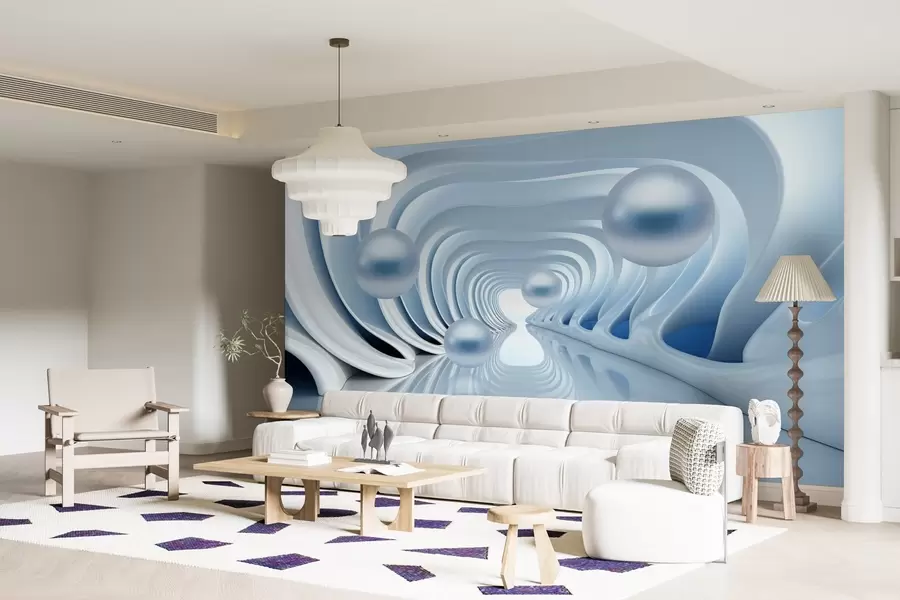 murais de parede Papel de parede futurista com um panorama do túnel em perspetiva e pérolas voadoras w02134