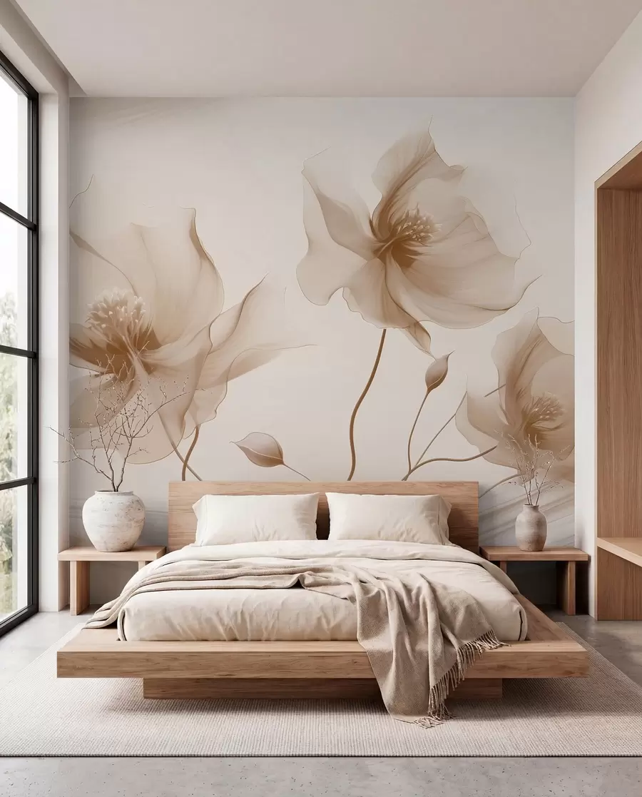 murais de parede Três graciosas flores com pétalas translúcidas, entrelaçadas com fitas de luz e vento em tons de bege w01932