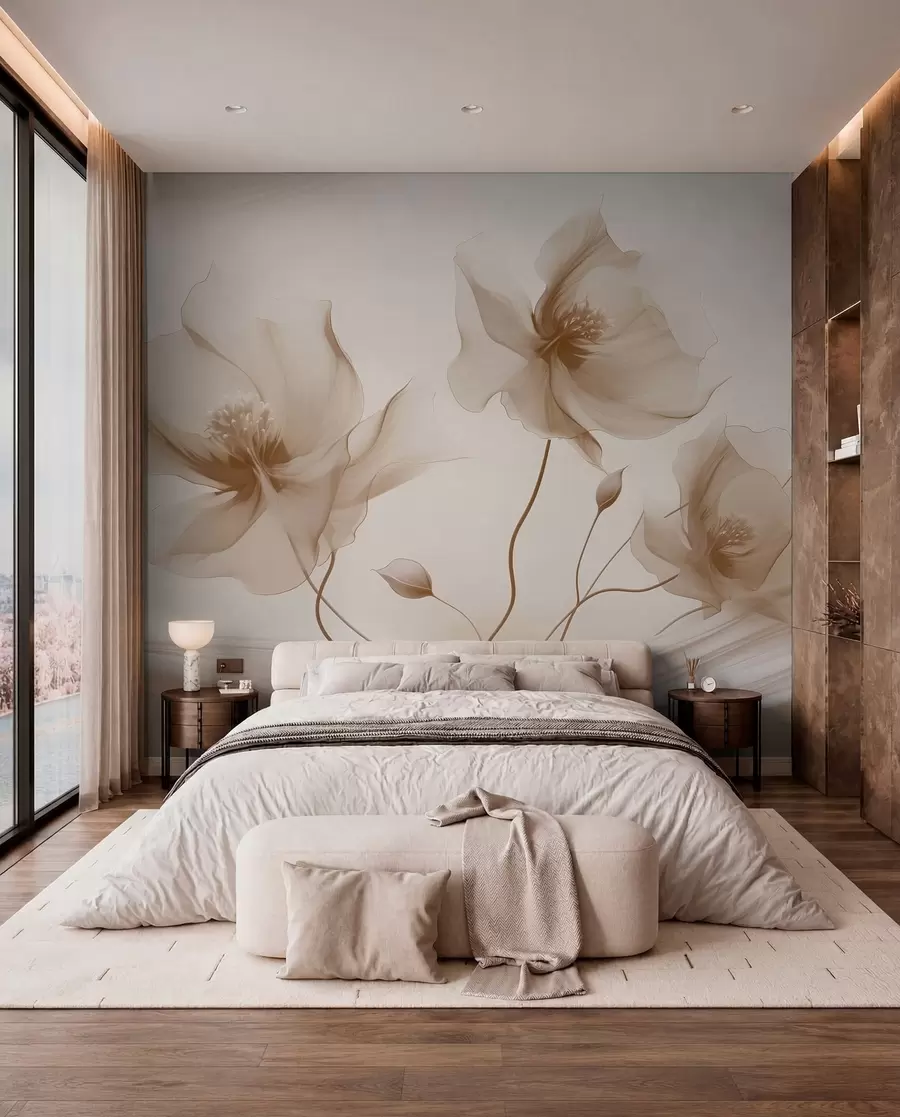 murais de parede Três graciosas flores com pétalas translúcidas, entrelaçadas com fitas de luz e vento em tons de bege w01932