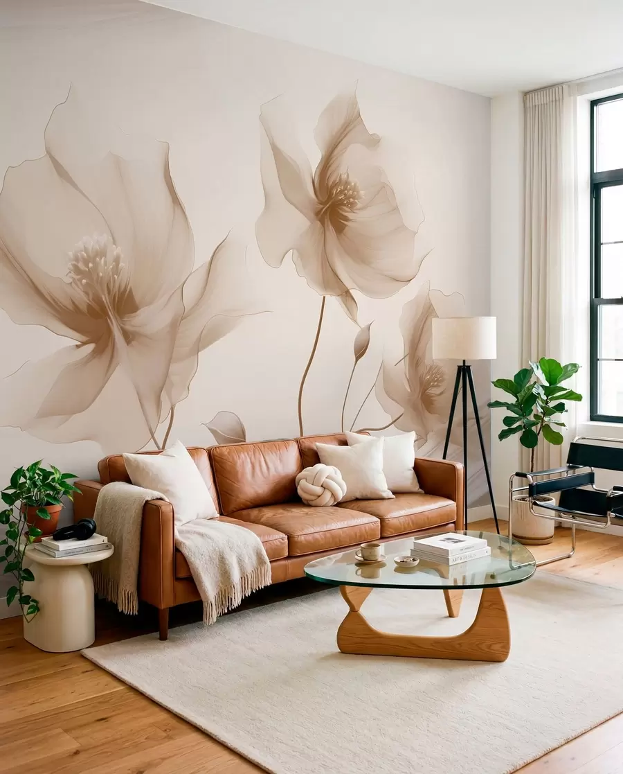murais de parede Três graciosas flores com pétalas translúcidas, entrelaçadas com fitas de luz e vento em tons de bege w01932