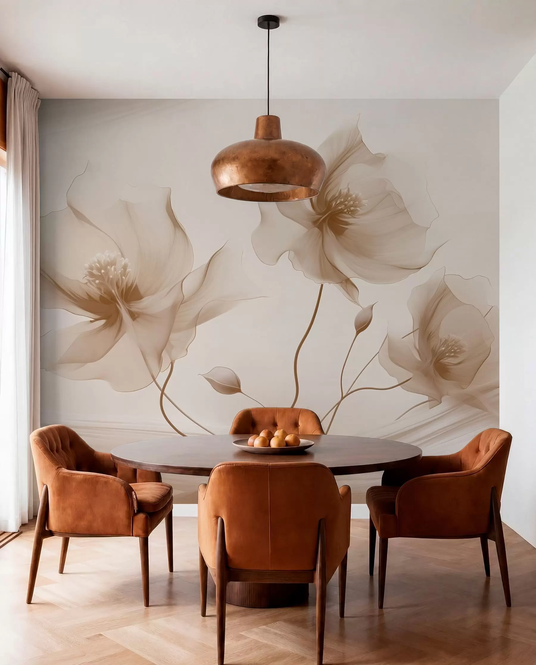 murais de parede Três graciosas flores com pétalas translúcidas, entrelaçadas com fitas de luz e vento em tons de bege w01932