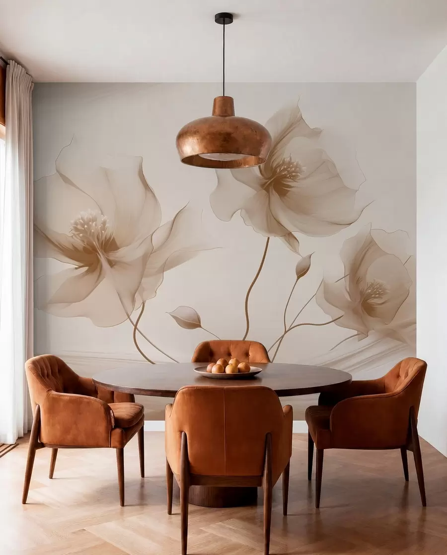 murais de parede Três graciosas flores com pétalas translúcidas, entrelaçadas com fitas de luz e vento em tons de bege w01932