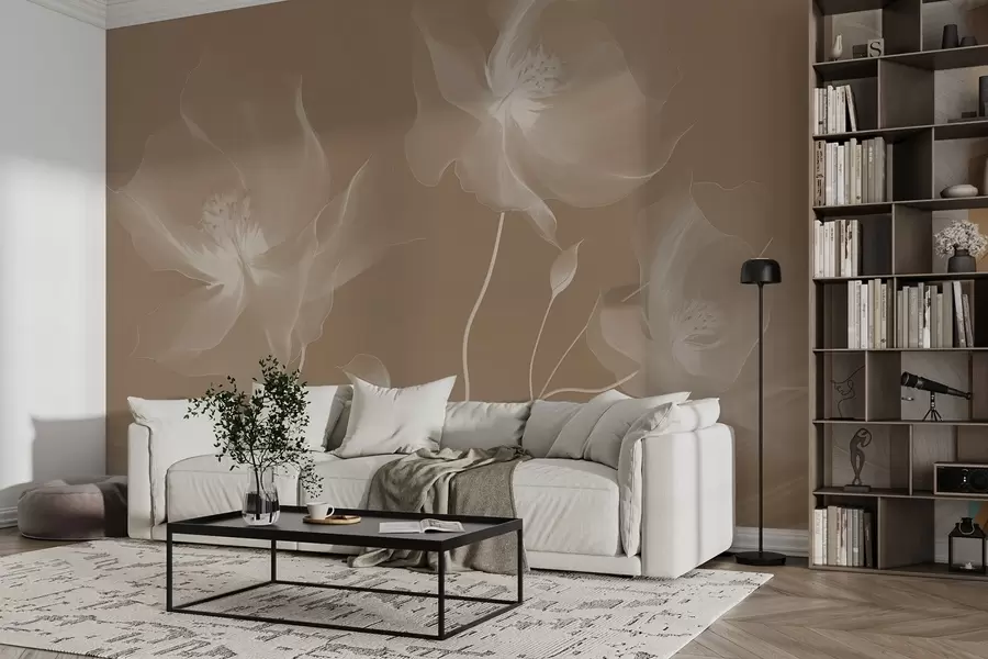 murais de parede Três graciosas flores com pétalas translúcidas, entrelaçadas com fitas de luz e vento em sépia w01932v1