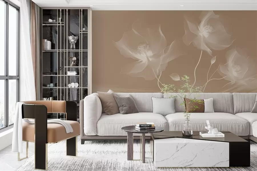 murais de parede Três graciosas flores com pétalas translúcidas, entrelaçadas com fitas de luz e vento em sépia w01932v1