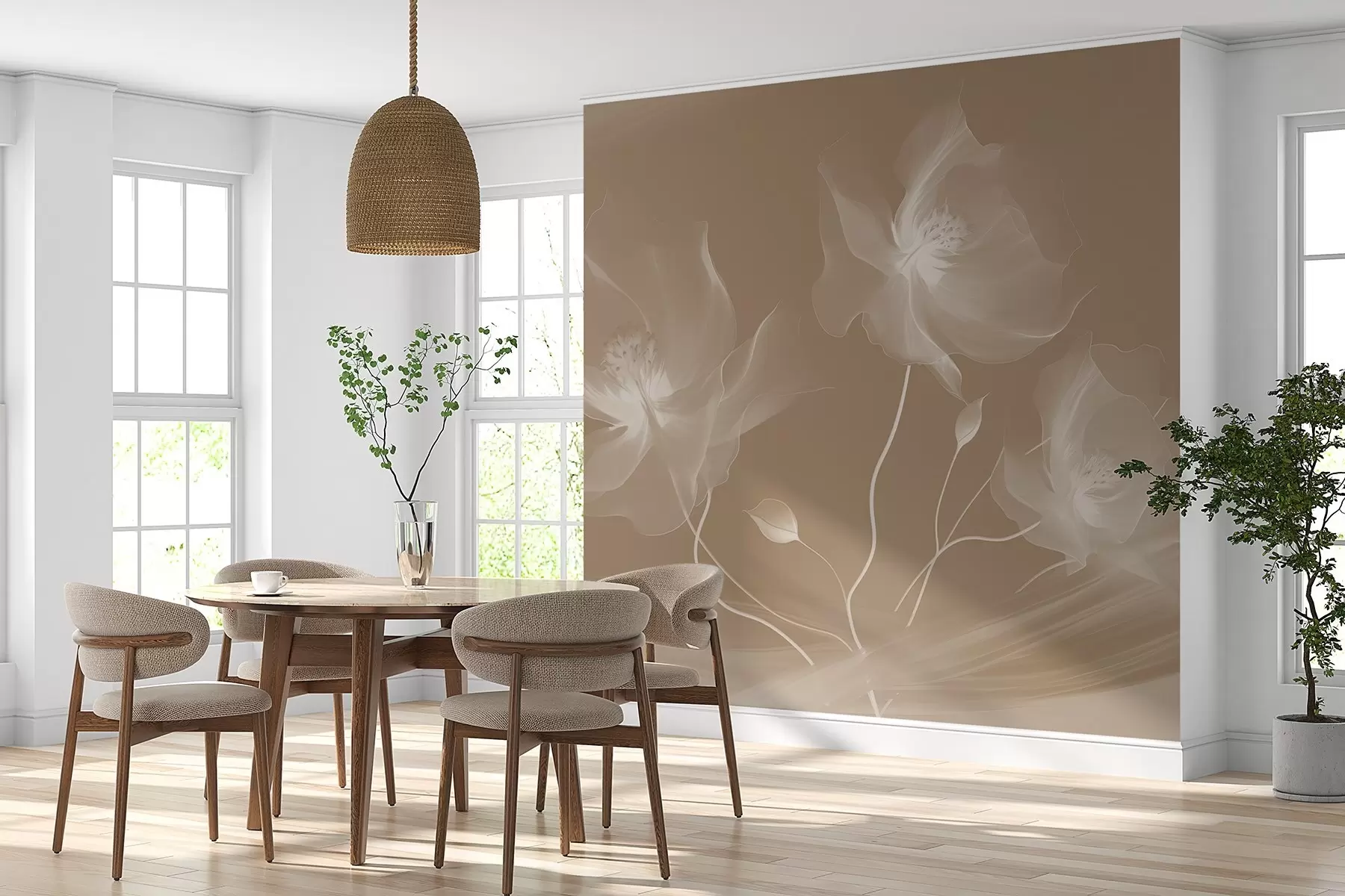 murais de parede Três graciosas flores com pétalas translúcidas, entrelaçadas com fitas de luz e vento em sépia w01932v1