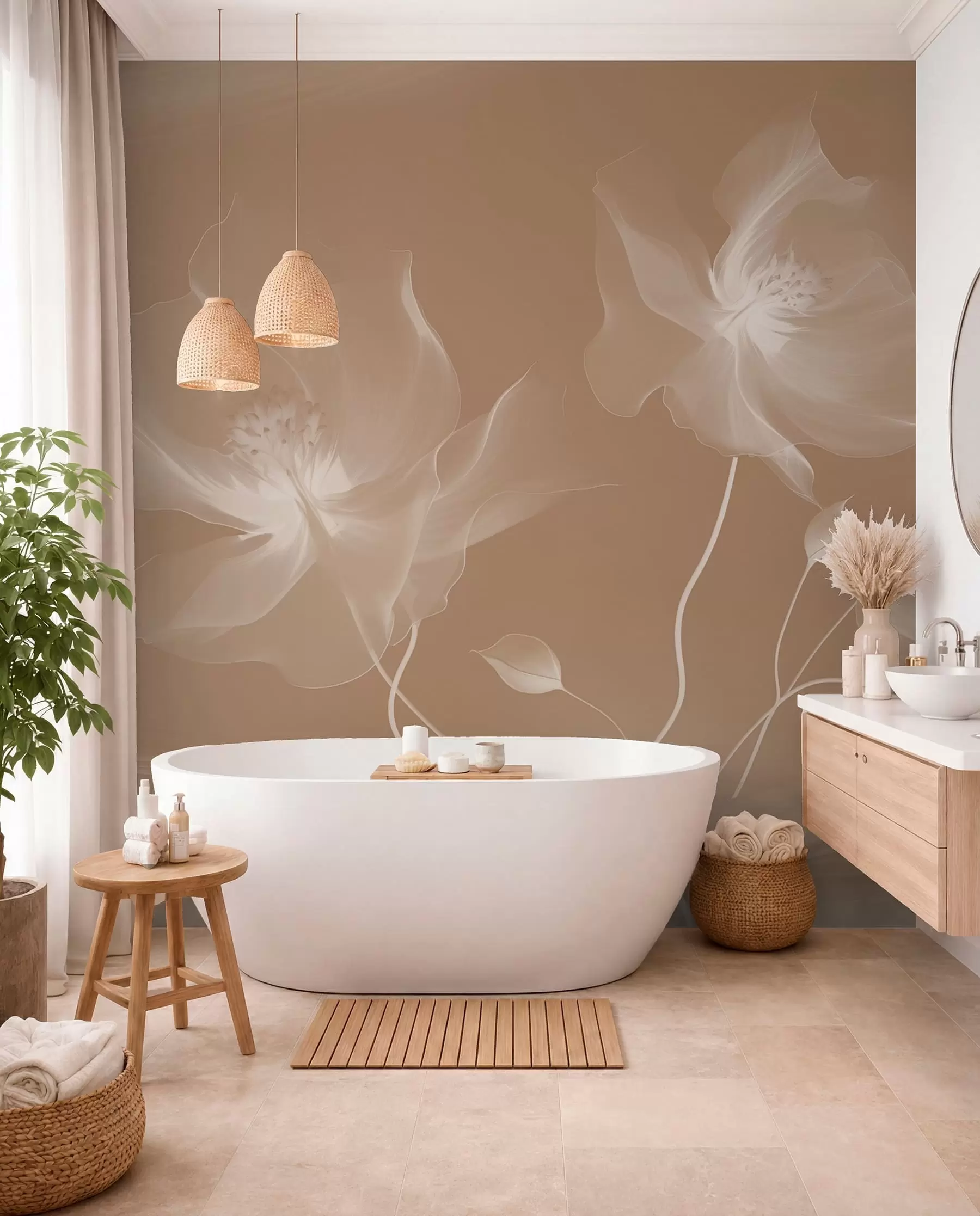 murais de parede Três graciosas flores com pétalas translúcidas, entrelaçadas com fitas de luz e vento em sépia w01932v1