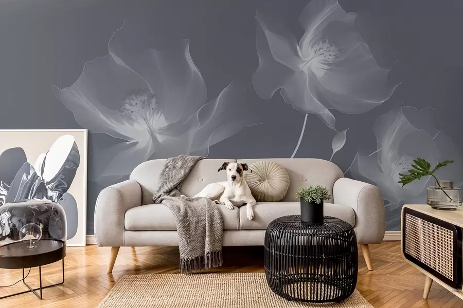 murais de parede Três graciosas flores com pétalas translúcidas, entrelaçadas com fitas de luz e vento em tons azuis w01932v2