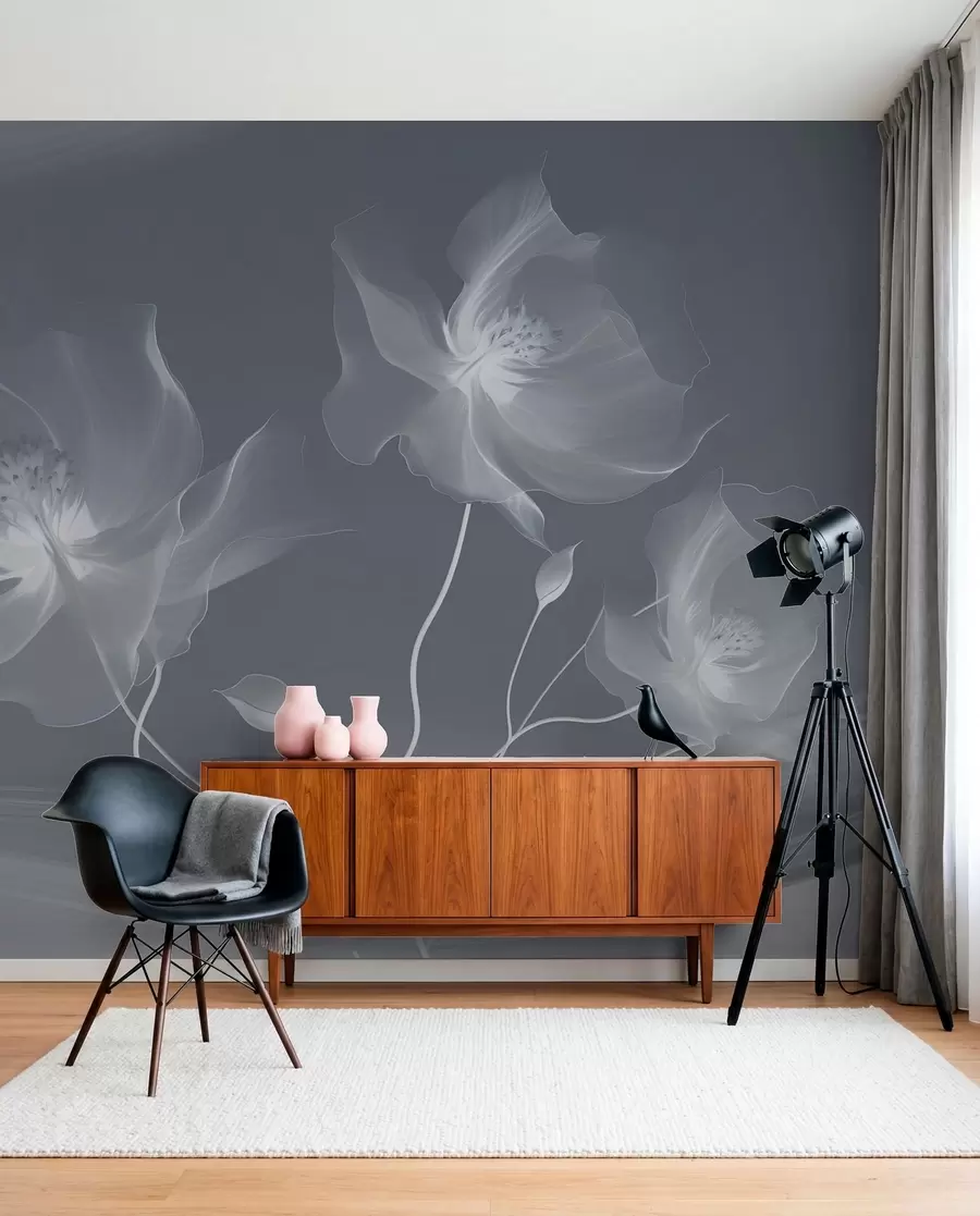 murais de parede Três graciosas flores com pétalas translúcidas, entrelaçadas com fitas de luz e vento em tons azuis w01932v2