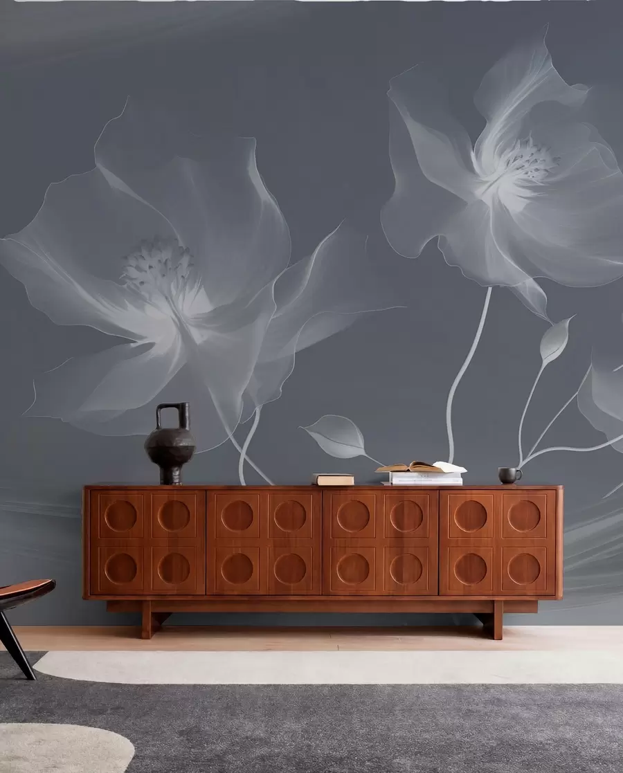 murais de parede Três graciosas flores com pétalas translúcidas, entrelaçadas com fitas de luz e vento em tons azuis w01932v2
