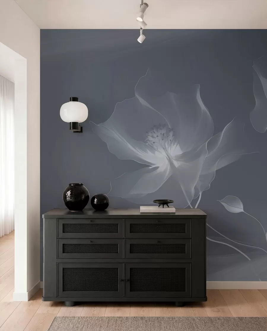 murais de parede Três graciosas flores com pétalas translúcidas, entrelaçadas com fitas de luz e vento em tons azuis w01932v2