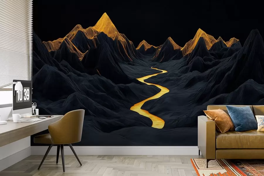 murais de parede Paisagem poligonal negra e um rio entre as montanhas w02063