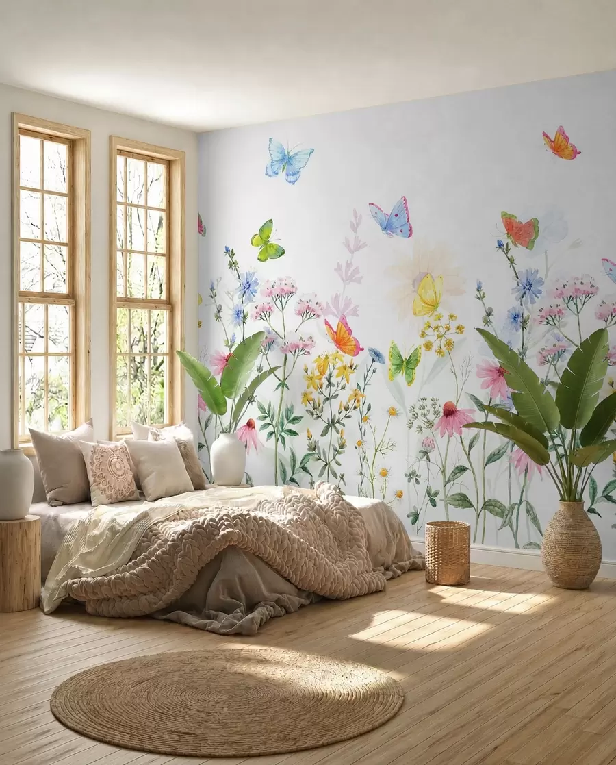 murais de parede Flores e plantas coloridas e borboletas w02238