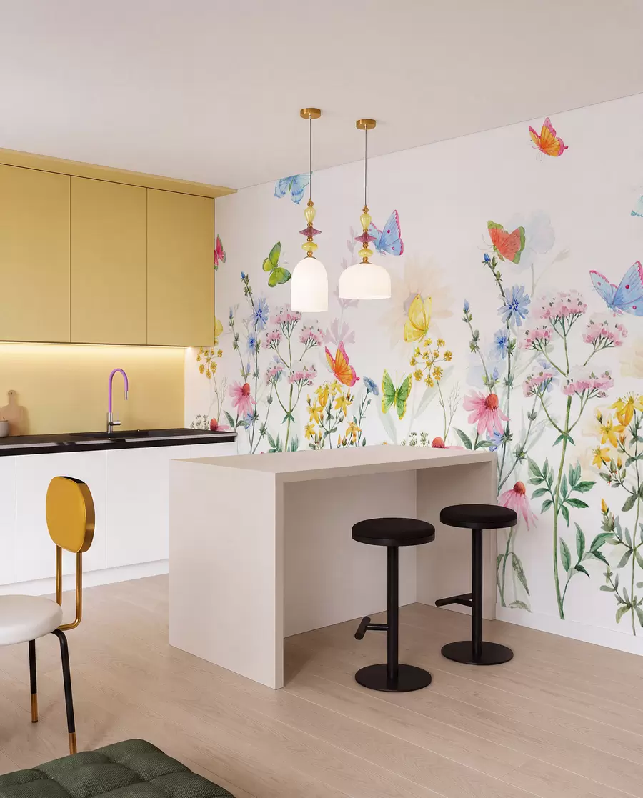 murais de parede Flores e plantas coloridas e borboletas w02238