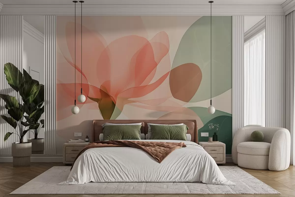 murais de parede Delicadas gardénias cor-de-rosa e tons verdes de folhas transparentes w02194