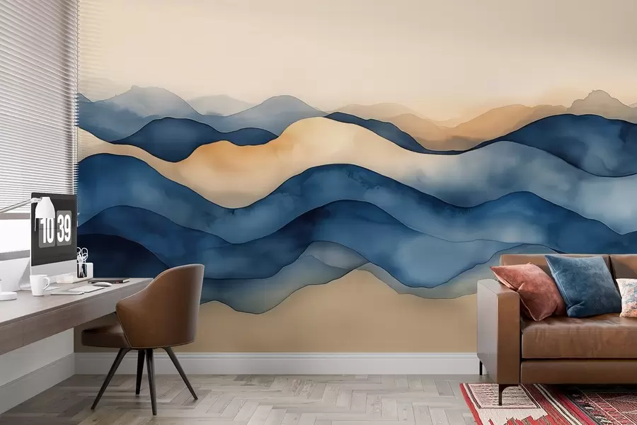 murais de parede Ondas abstractas azul-bege que fazem lembrar montanhas w02196