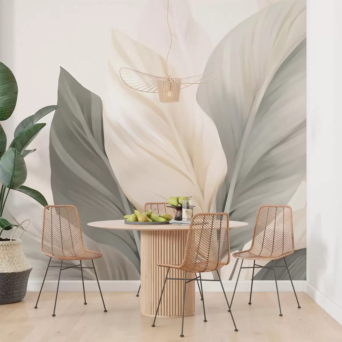 murais de parede Folhas bege e cinzentas sobre um fundo claro w02217
