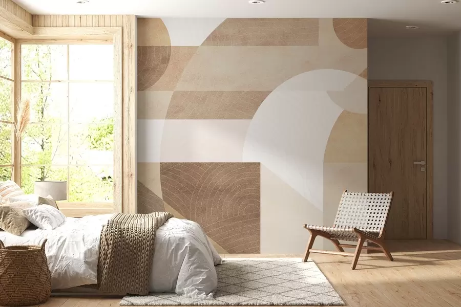murais de parede Geometria moderna com formas abstractas, detalhes texturados em tons de bege e castanho w02140