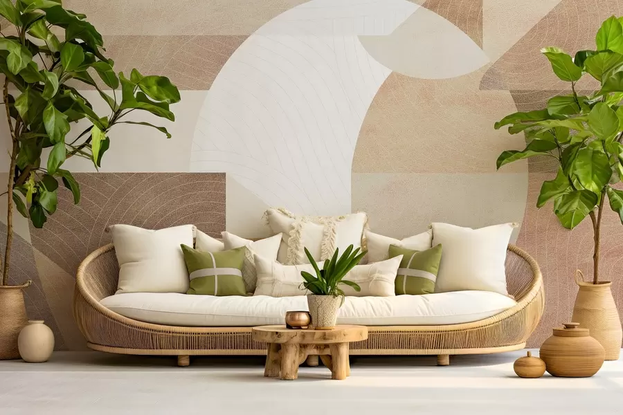 murais de parede Geometria moderna com formas abstractas, detalhes texturados em tons de bege e castanho w02140