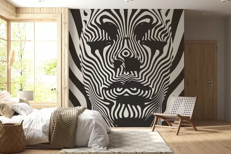 murais de parede Treliça de estilo op art com rosto abstrato, linhas onduladas em fundo de cor clara w02285