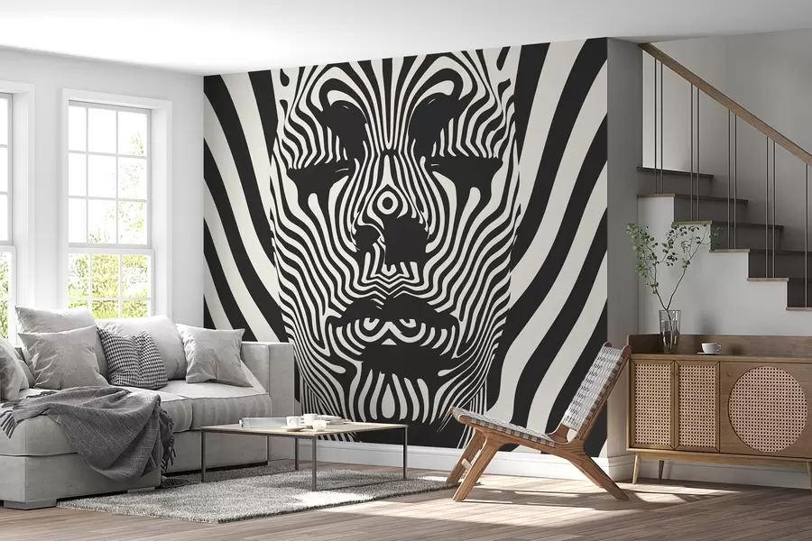 murais de parede Treliça de estilo op art com rosto abstrato, linhas onduladas em fundo de cor clara w02285