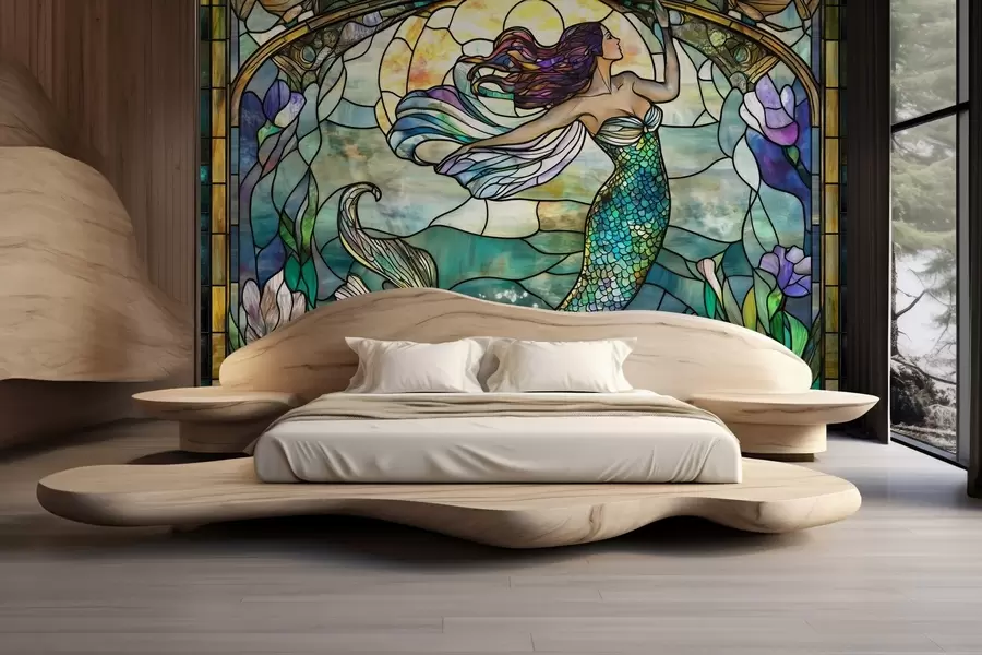 murais de parede Papel de parede em estilo vitral com a imagem de uma sereia mágica w02286