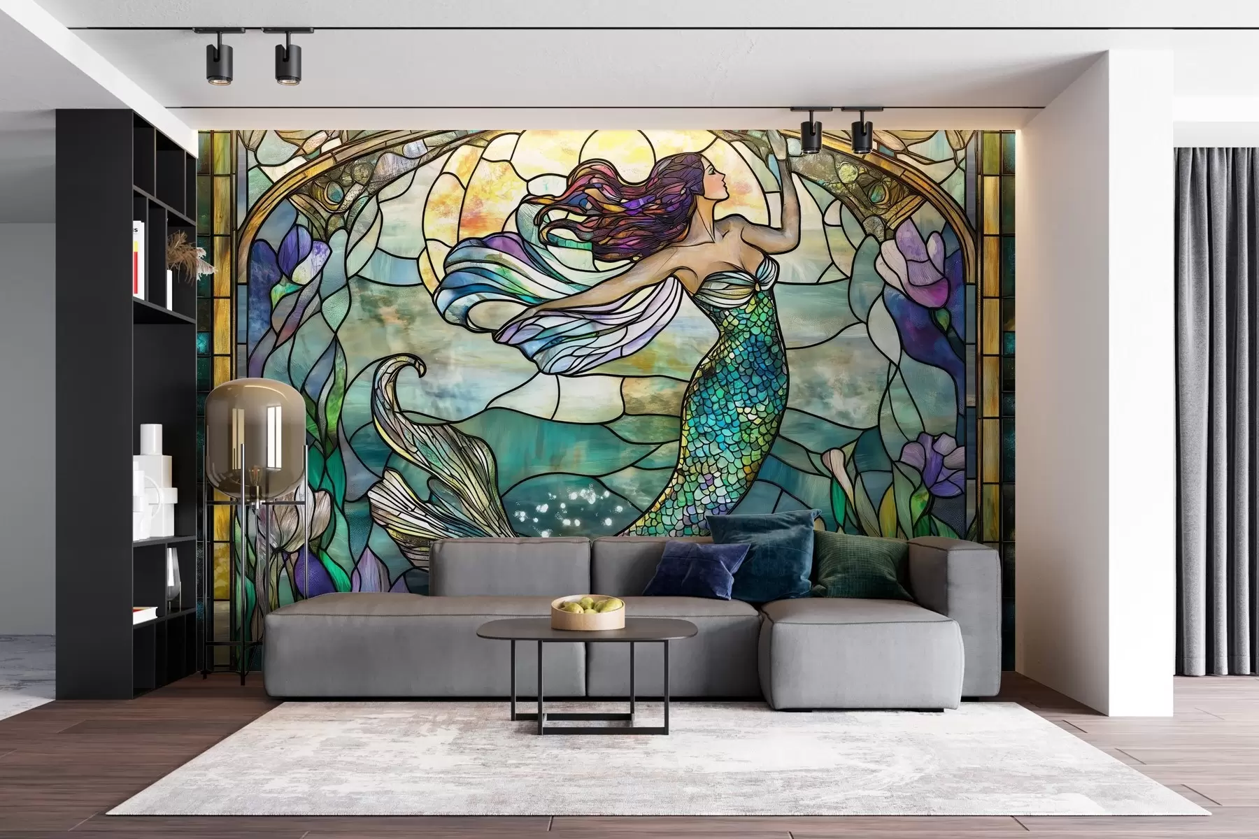 murais de parede Papel de parede em estilo vitral com a imagem de uma sereia mágica w02286