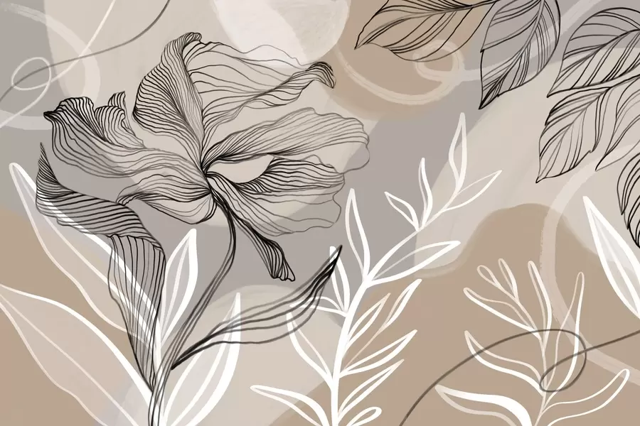 murais de parede Estampado floral elegante com grandes flores e folhas abstractas em tons de cinzento e bege sobre um fundo claro w08413
