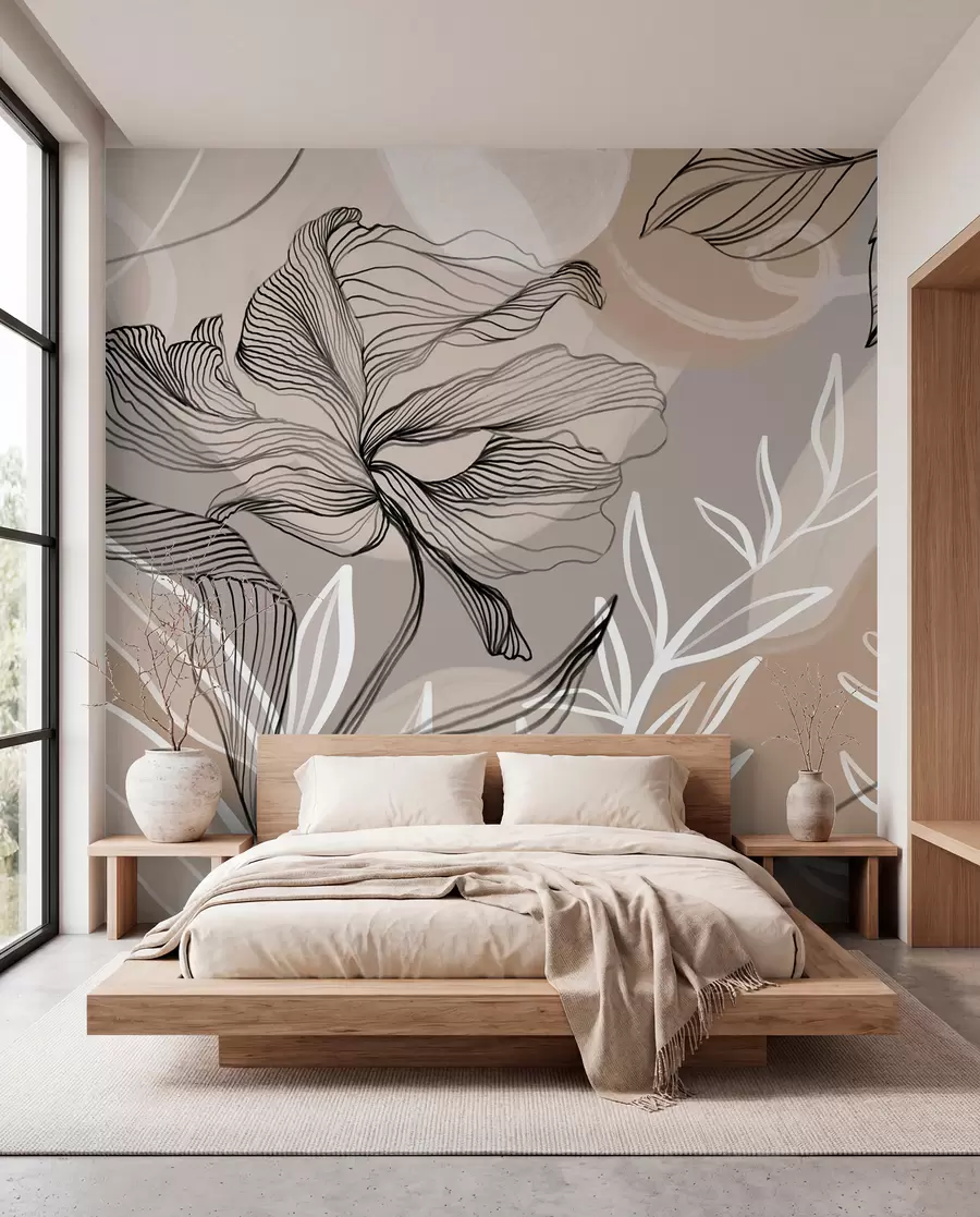 murais de parede Estampado floral elegante com grandes flores e folhas abstractas em tons de cinzento e bege sobre um fundo claro w08413