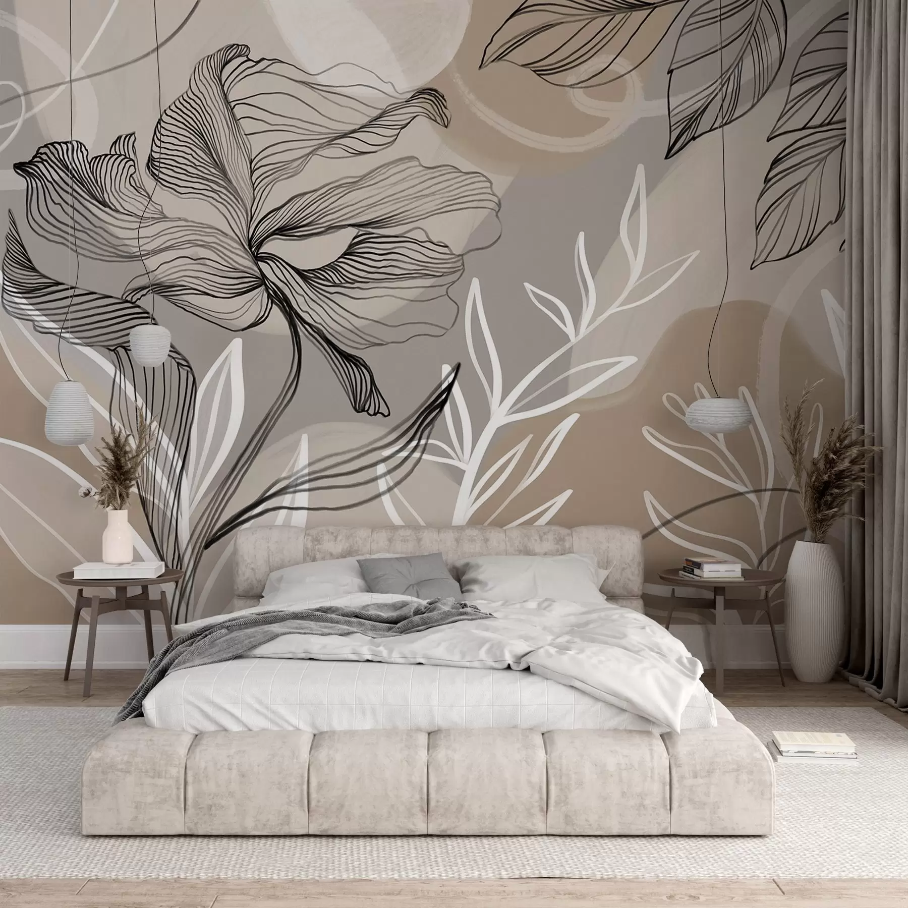 murais de parede Estampado floral elegante com grandes flores e folhas abstractas em tons de cinzento e bege sobre um fundo claro w08413