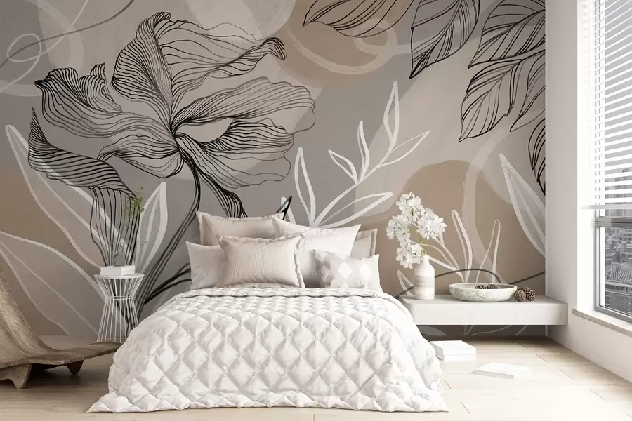 murais de parede Estampado floral elegante com grandes flores e folhas abstractas em tons de cinzento e bege sobre um fundo claro w08413