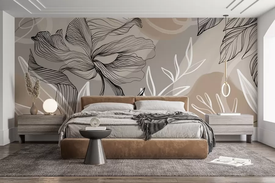 murais de parede Estampado floral elegante com grandes flores e folhas abstractas em tons de cinzento e bege sobre um fundo claro w08413