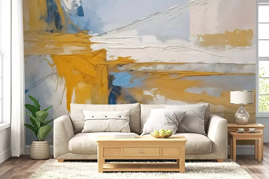 murais de parede Composição de arte abstrata minimalista com pinceladas arrojadas de tinta amarela, azul e branca  w08414