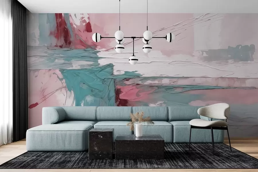 murais de parede Composição de arte abstrata minimalista com pinceladas arrojadas de tinta rosa, azul e branca  w08414v1