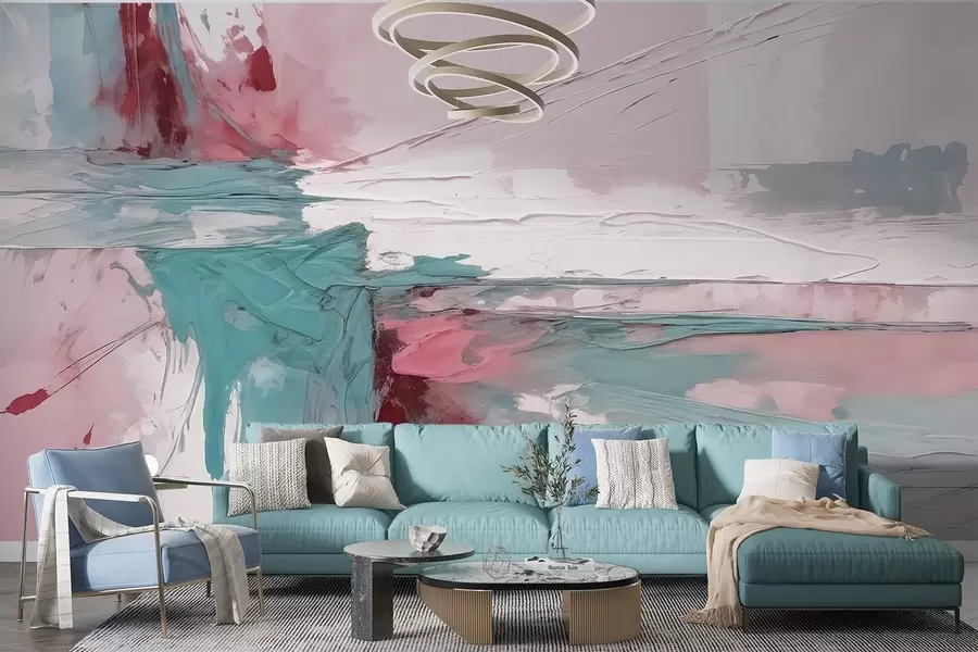 murais de parede Composição de arte abstrata minimalista com pinceladas arrojadas de tinta rosa, azul e branca  w08414v1