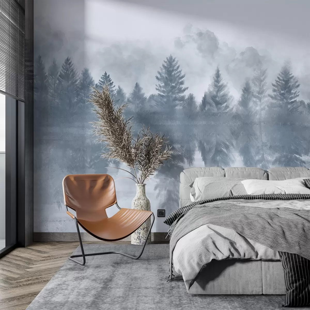 murais de parede Uma paisagem serena com um lago congelado rodeado por um denso pinhal, com uma atmosfera enevoada e nebulosa w08415