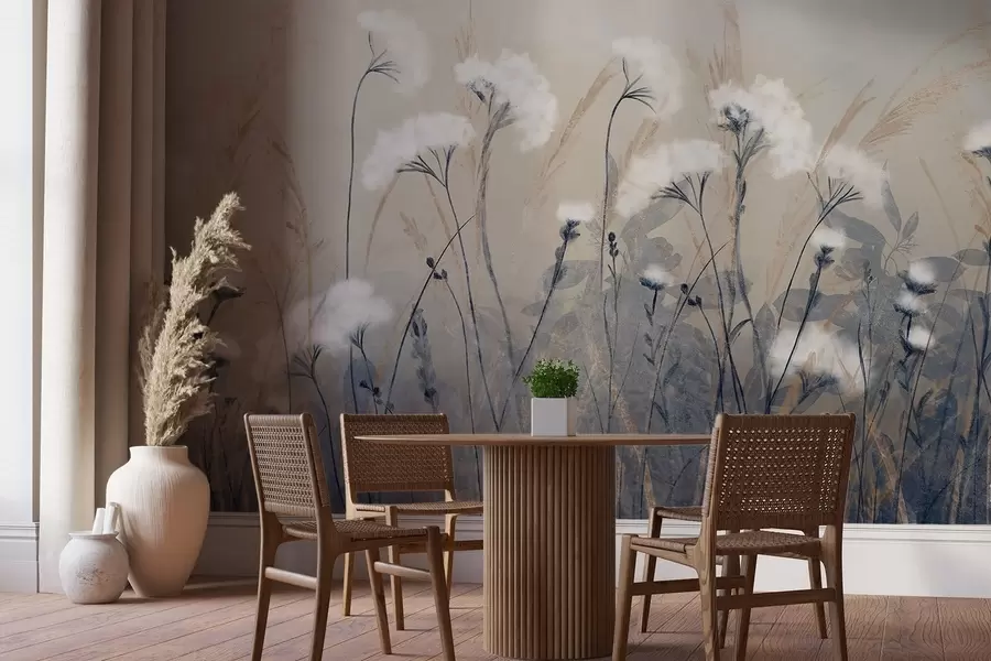 murais de parede Relva branca e fofa de algodão sobre um fundo textural desfocado, com uma atmosfera suave, nebulosa e serena w08416