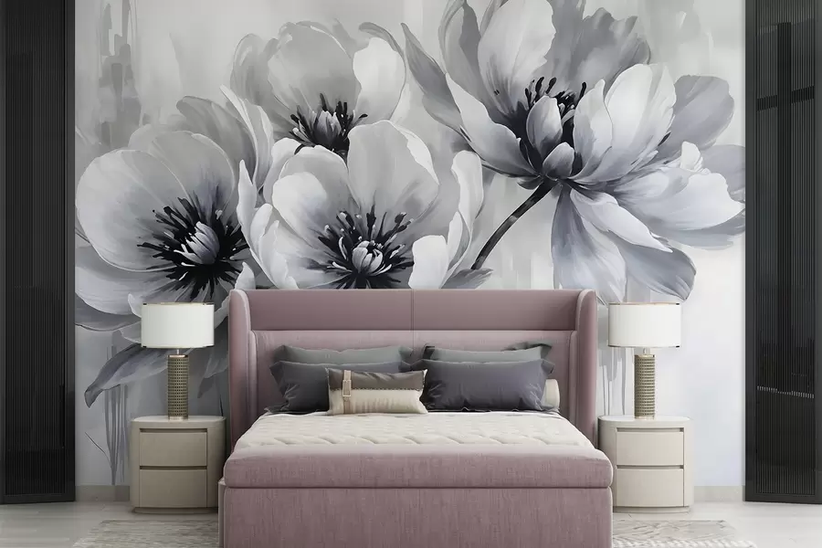 murais de parede Flores de tulipa monocromáticas com pétalas suaves e desfocadas num fundo claro w08418