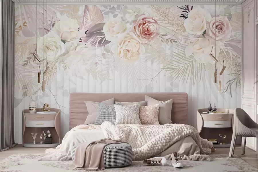 murais de parede Um arranjo floral com rosas cor-de-rosa e brancas, folhas de palmeira e outras folhagens tropicais sobre um fundo branco w08425