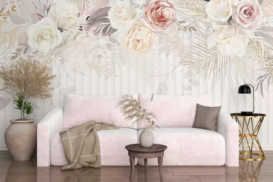 murais de parede Um arranjo floral com rosas cor-de-rosa e brancas, folhas de palmeira e outras folhagens tropicais sobre um fundo branco w08425