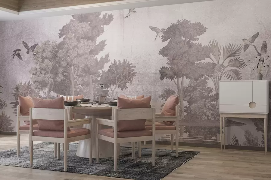 murais de parede Uma impressão de paisagem florestal com um lago rodeado de pinheiros e outras folhagens sobre um fundo bege textural w08426