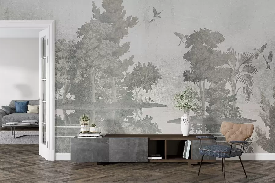 murais de parede Uma impressão de paisagem florestal com um lago rodeado por pinheiros e outras folhagens num fundo verde textural w08426v1