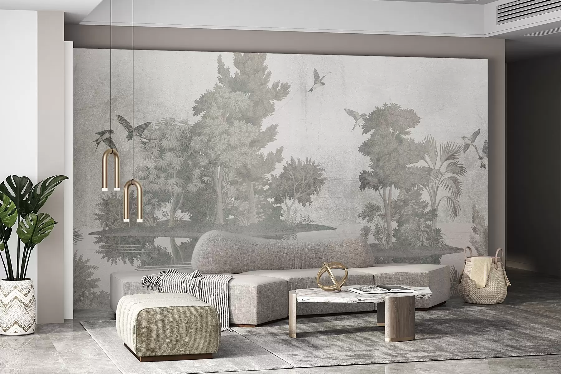 murais de parede Uma impressão de paisagem florestal com um lago rodeado por pinheiros e outras folhagens num fundo verde textural w08426v1