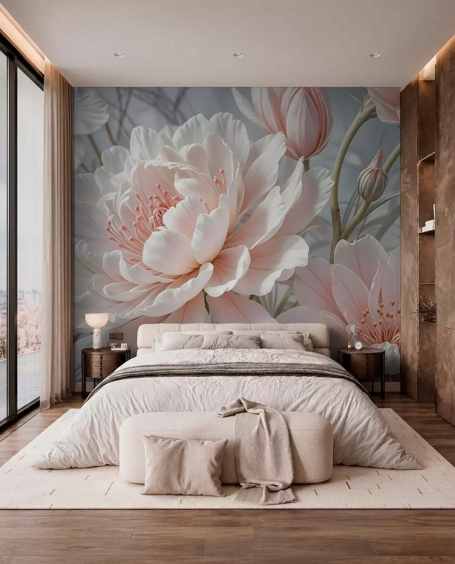 murais de parede Grandes e delicadas flores de peónia brancas e cor-de-rosa com pétalas macias e fofas sobre um fundo cinzento esbatido w08427