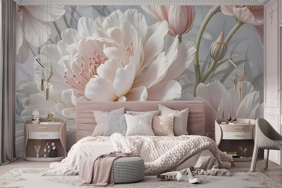 murais de parede Grandes e delicadas flores de peónia brancas e cor-de-rosa com pétalas macias e fofas sobre um fundo cinzento esbatido w08427