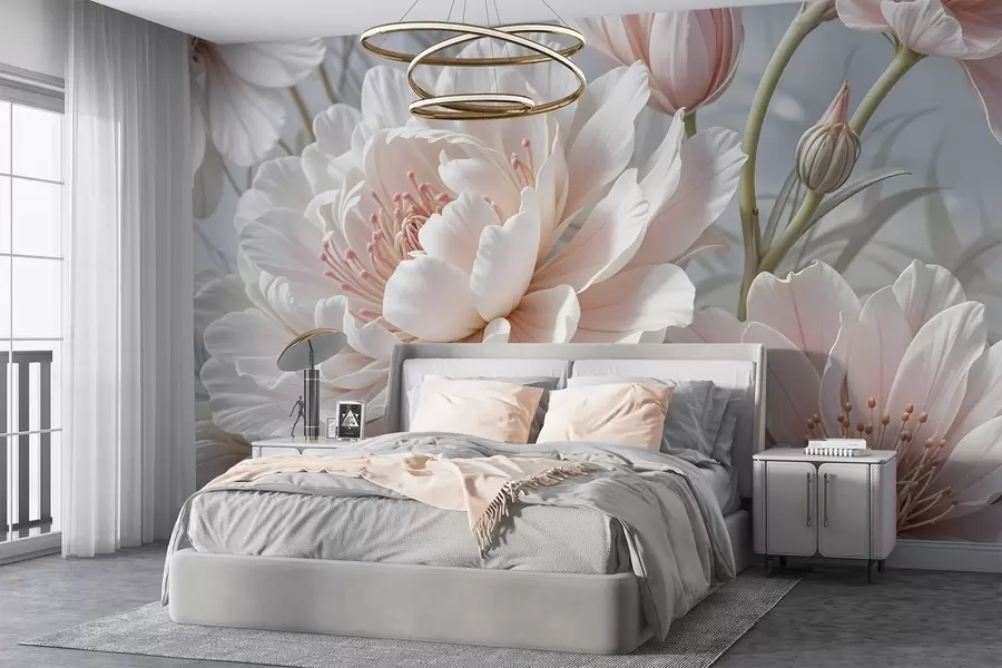 murais de parede Grandes e delicadas flores de peónia brancas e cor-de-rosa com pétalas macias e fofas sobre um fundo cinzento esbatido w08427