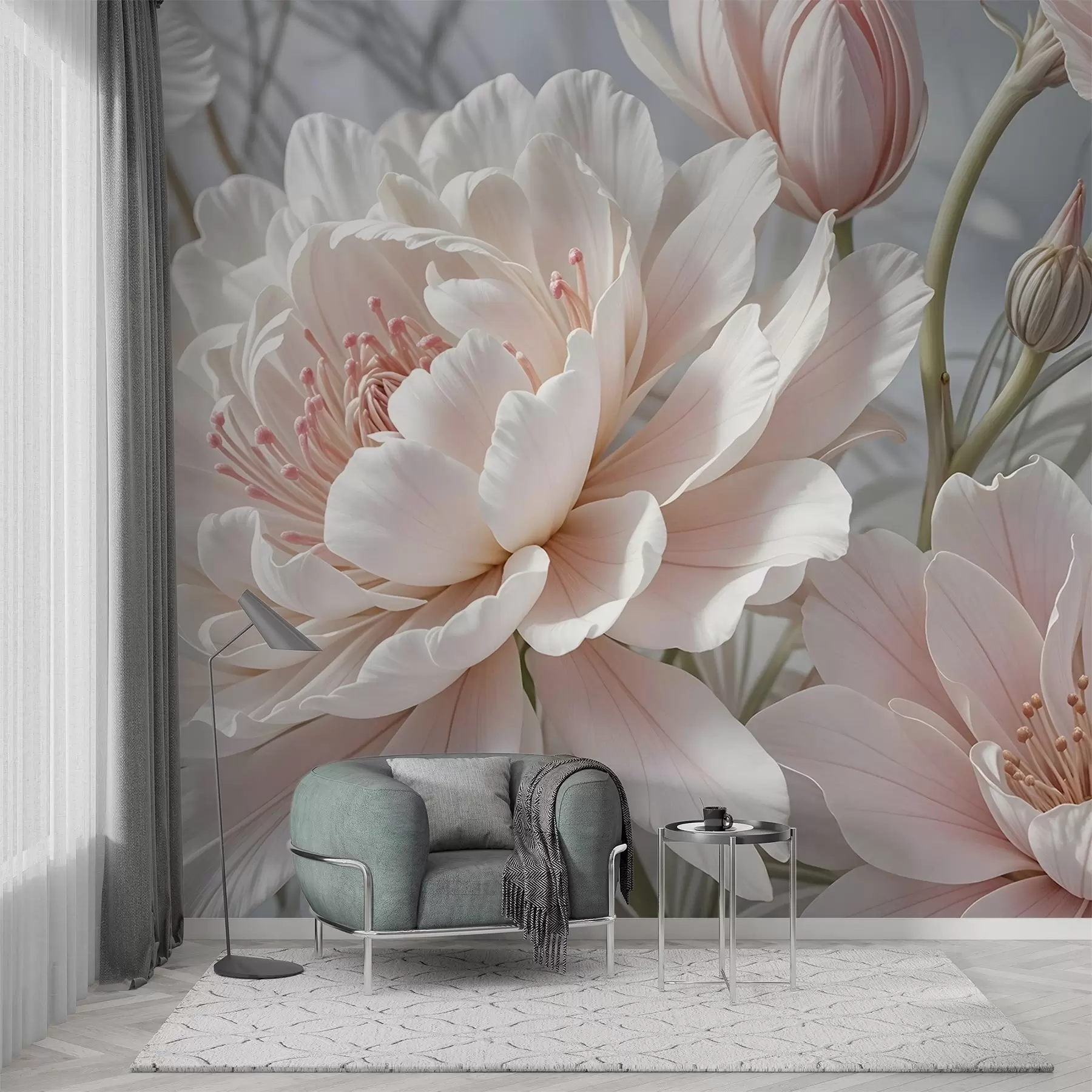 murais de parede Grandes e delicadas flores de peónia brancas e cor-de-rosa com pétalas macias e fofas sobre um fundo cinzento esbatido w08427